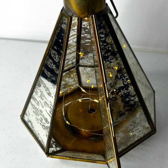 Mercury Glass Octagon Brass Lantern with LED Lights Strings 3 AAA Batteries Open - Picture 4 of 14